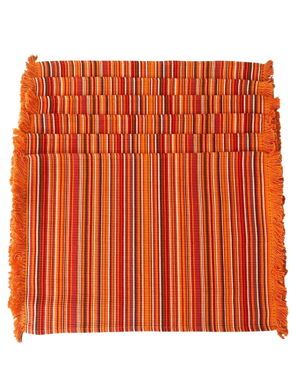 Crate & Barrel Set 6 Jamaica Ribbed Cotton Placemats Orange Striped Fringe